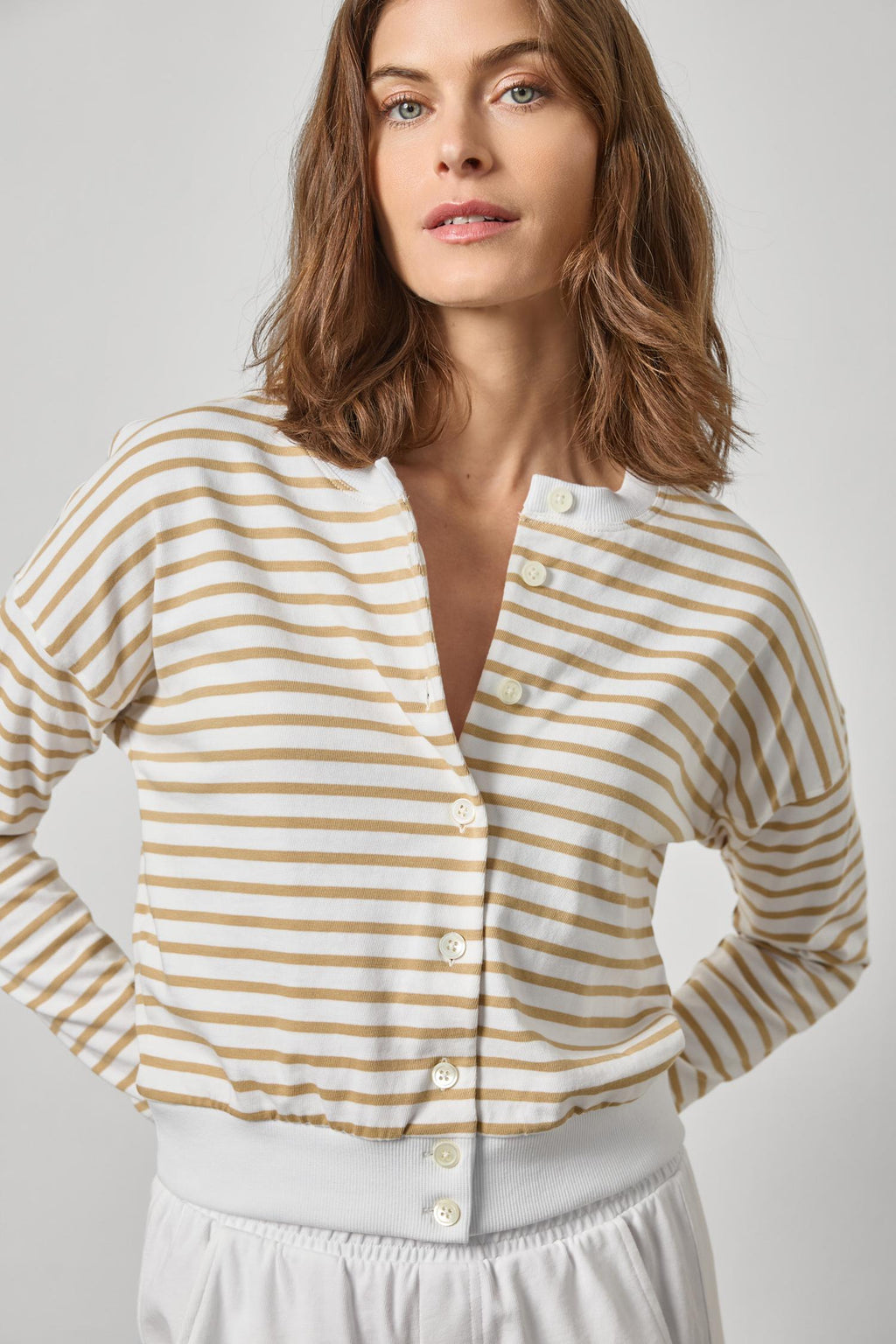 RIBBED CARDIGAN BURLAP STRIPE