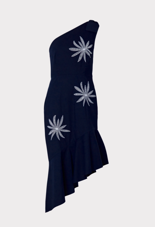 One Shoulder Embroidered Poplin Dress